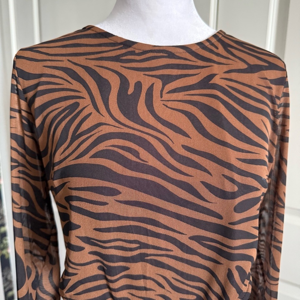 Anna Brown and Black Zebra Print Mesh Midi Cut-out Dress Size M - Picture 2 of 9
